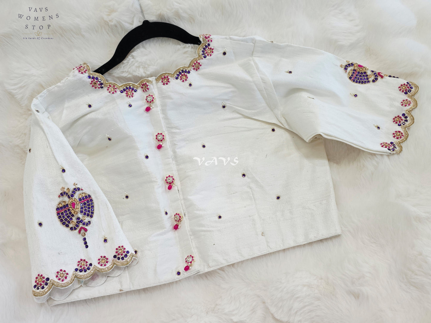 Royal Ivory Pearl Maggam Hand Embroidered Designer Silk Blouse with Purple Peacock Motif | Size 40-46
