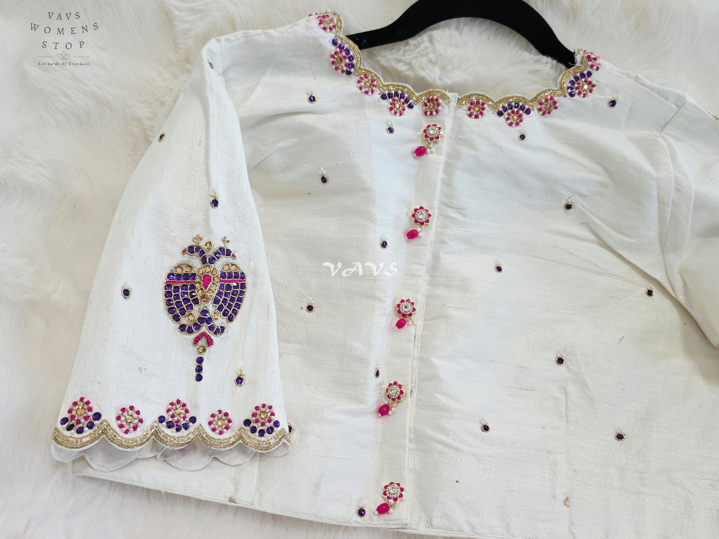 Royal Ivory Pearl Maggam Hand Embroidered Designer Silk Blouse with Purple Peacock Motif | Size 40-46