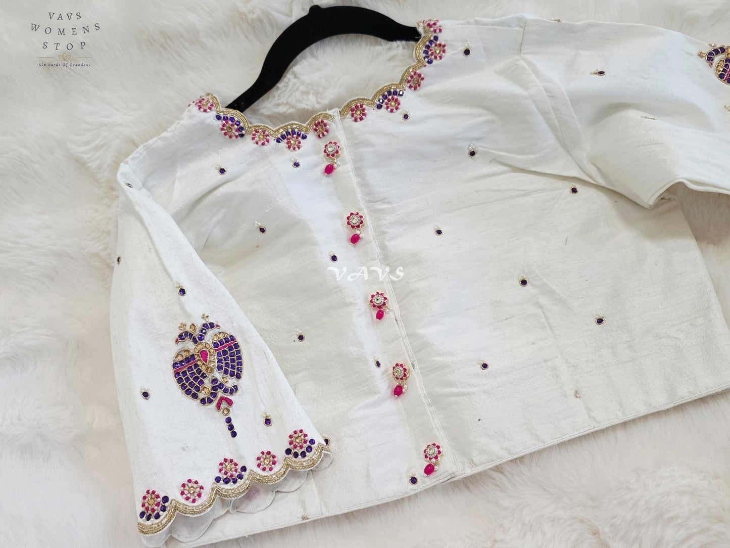 Royal Ivory Pearl Maggam Hand Embroidered Designer Silk Blouse with Purple Peacock Motif | Size 40-46