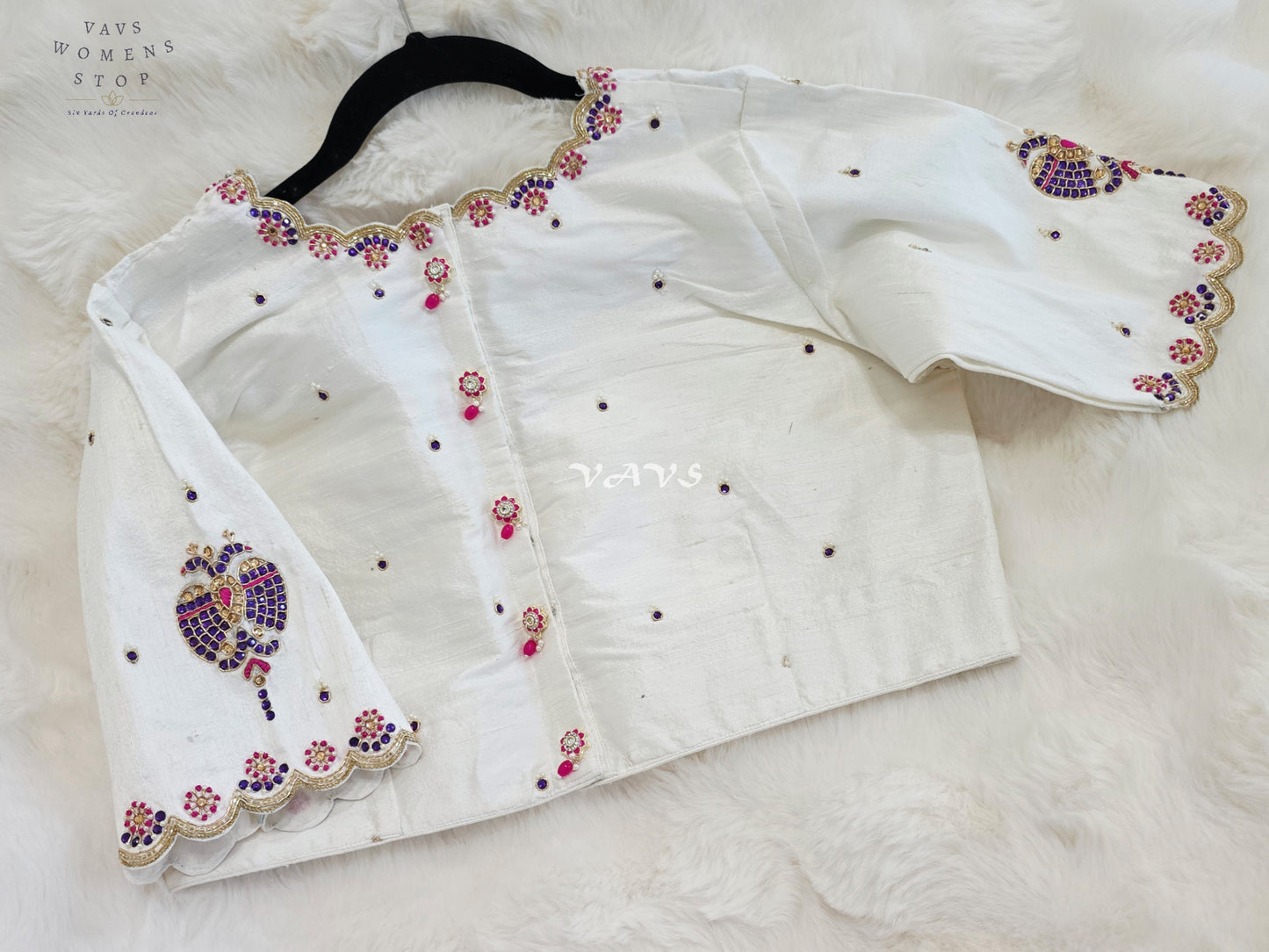 Royal Ivory Pearl Maggam Hand Embroidered Designer Silk Blouse with Purple Peacock Motif | Size 40-46