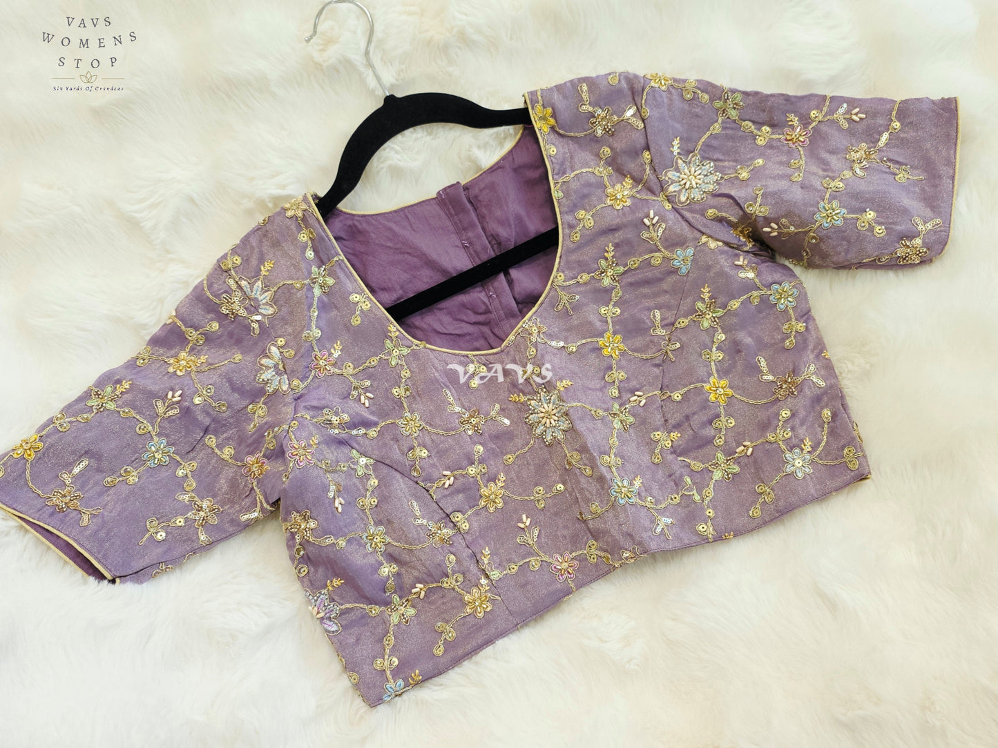 Royal Lavender Orchid Designer Tissue Embroidered Floral Blouse | Size 38-44