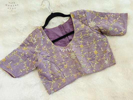 Royal Lavender Orchid Designer Tissue Embroidered Floral Blouse | Size 38-44
