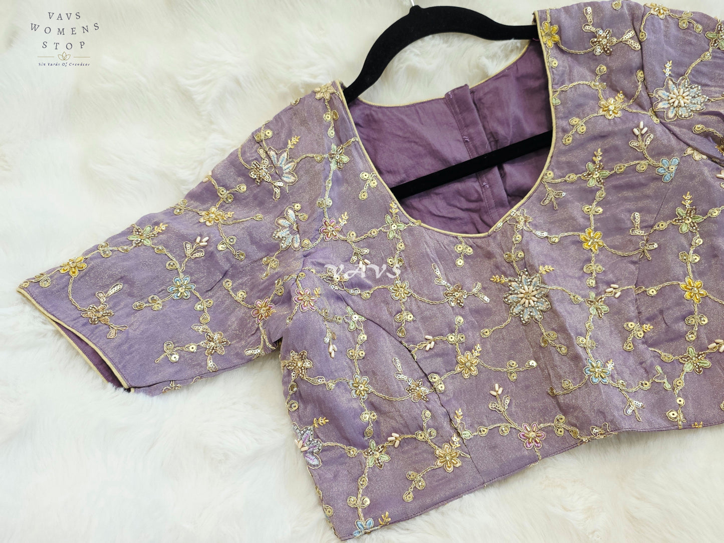 Royal Lavender Orchid Designer Tissue Embroidered Floral Blouse | Size 38-44