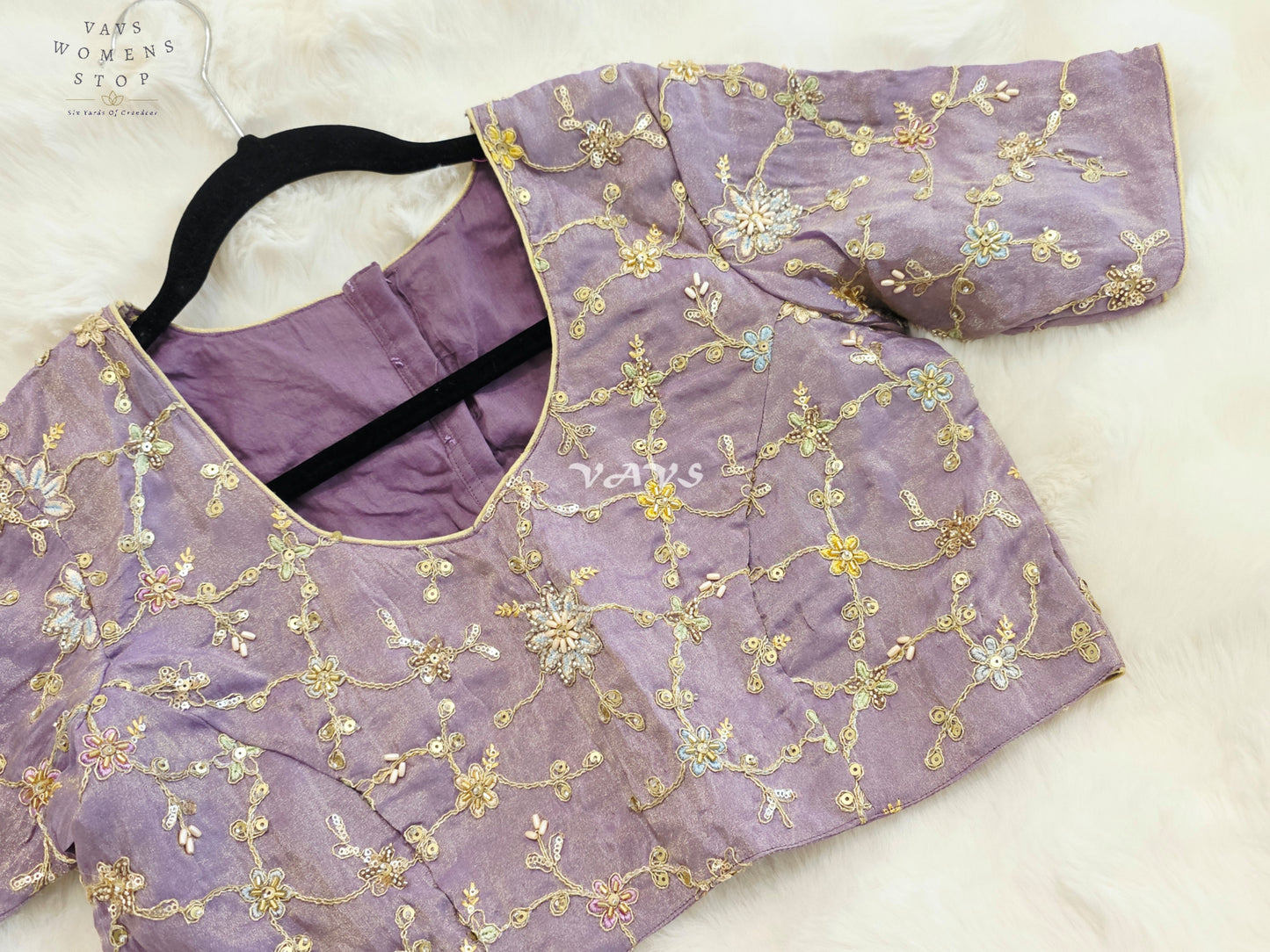 Royal Lavender Orchid Designer Tissue Embroidered Floral Blouse | Size 38-44