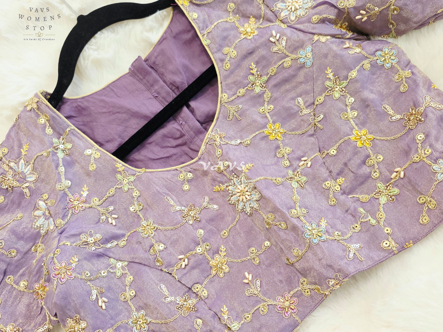 Royal Lavender Orchid Designer Tissue Embroidered Floral Blouse | Size 38-44