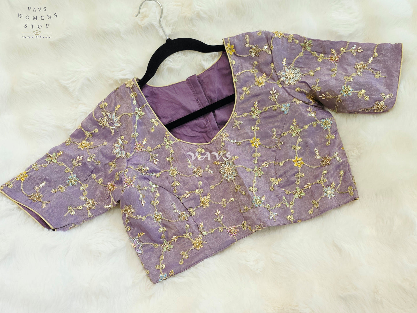 Royal Lavender Orchid Designer Tissue Embroidered Floral Blouse | Size 38-44