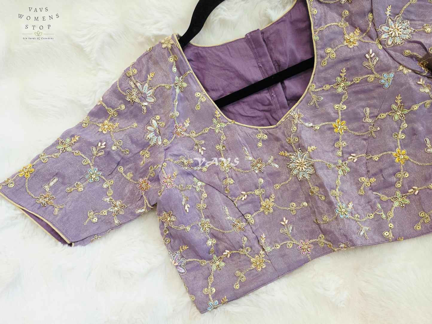 Royal Lavender Orchid Designer Tissue Embroidered Floral Blouse | Size 38-44