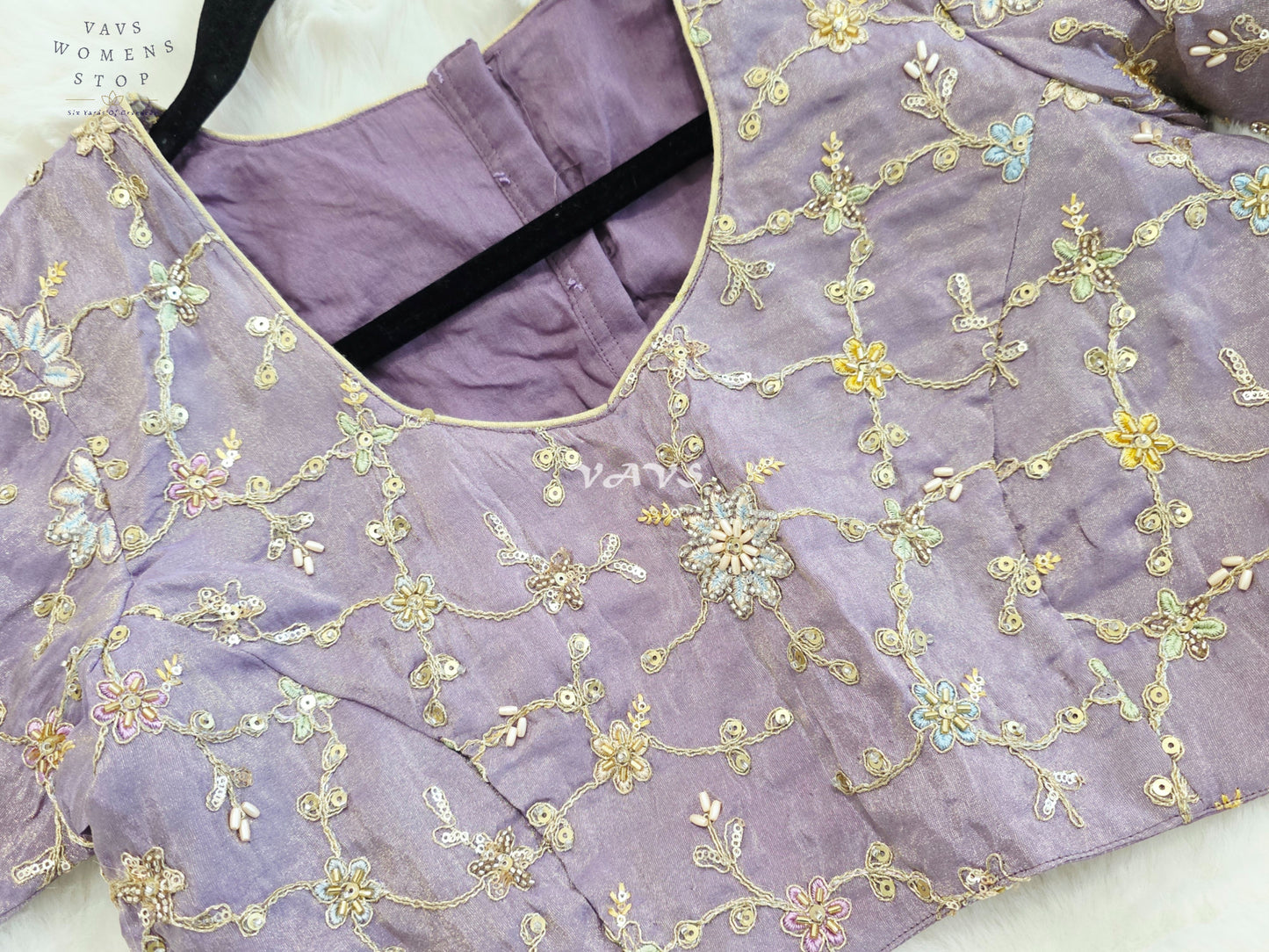 Royal Lavender Orchid Designer Tissue Embroidered Floral Blouse | Size 38-44