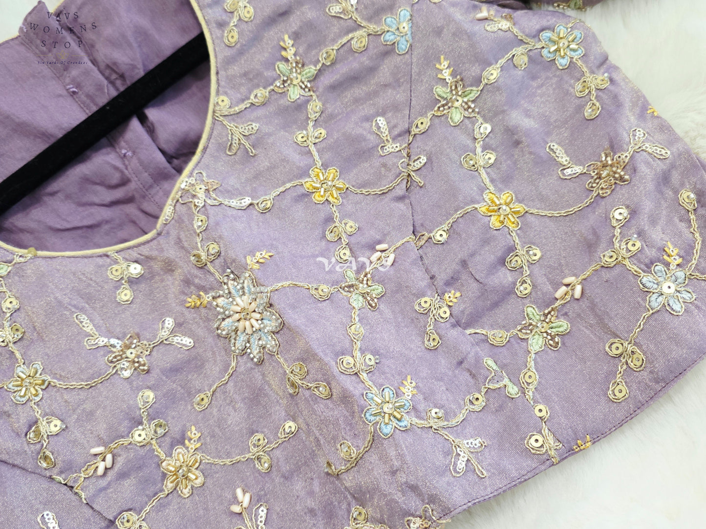 Royal Lavender Orchid Designer Tissue Embroidered Floral Blouse | Size 38-44