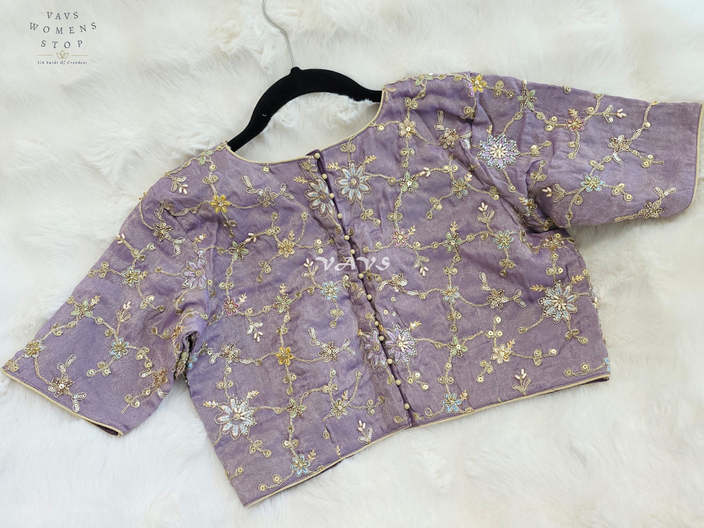 Royal Lavender Orchid Designer Tissue Embroidered Floral Blouse | Size 38-44