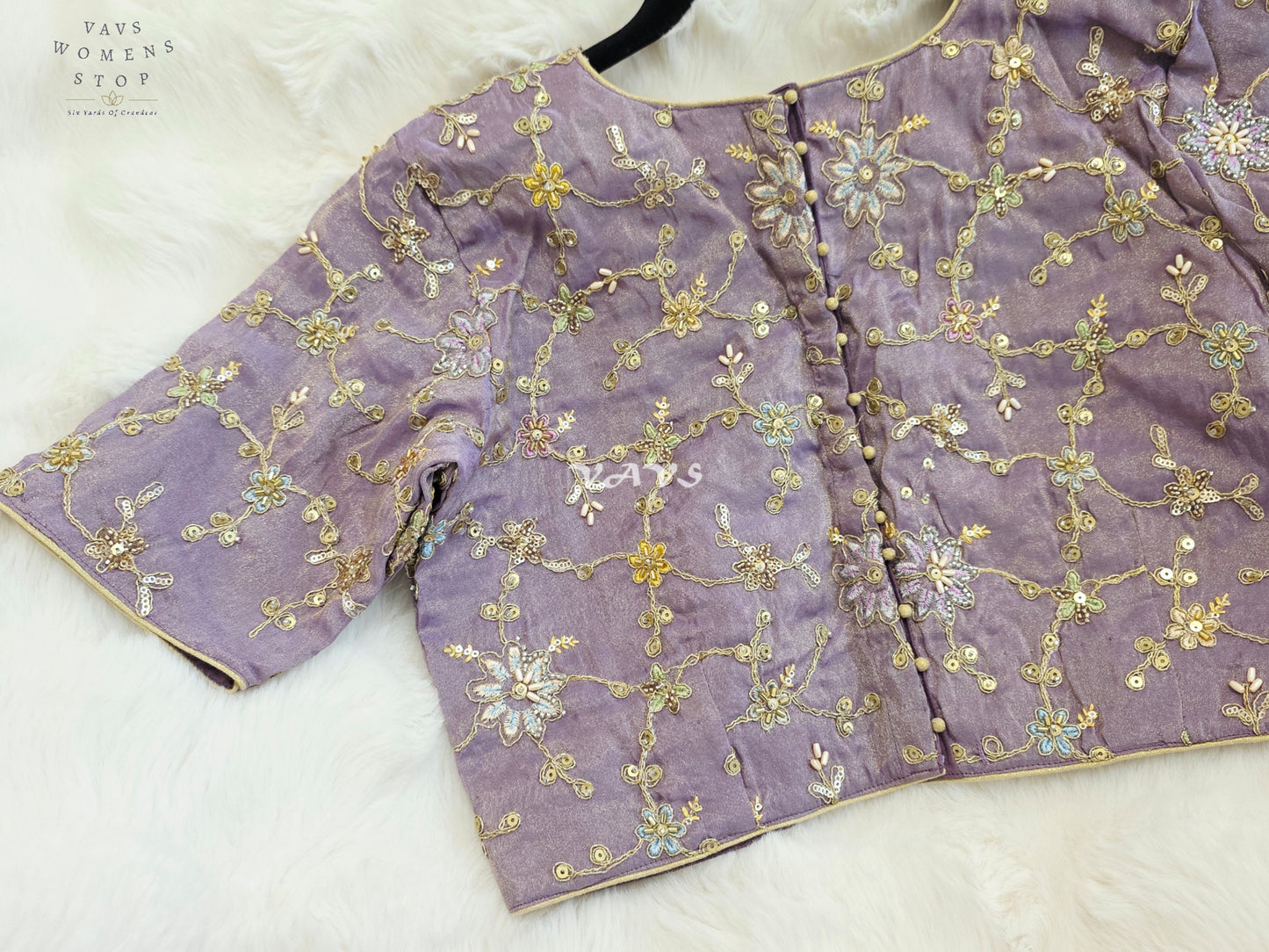 Royal Lavender Orchid Designer Tissue Embroidered Floral Blouse | Size 38-44
