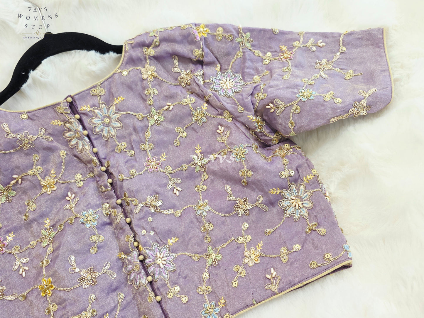 Royal Lavender Orchid Designer Tissue Embroidered Floral Blouse | Size 38-44
