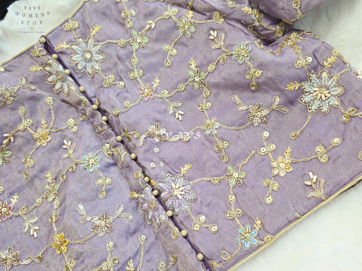 Royal Lavender Orchid Designer Tissue Embroidered Floral Blouse | Size 38-44