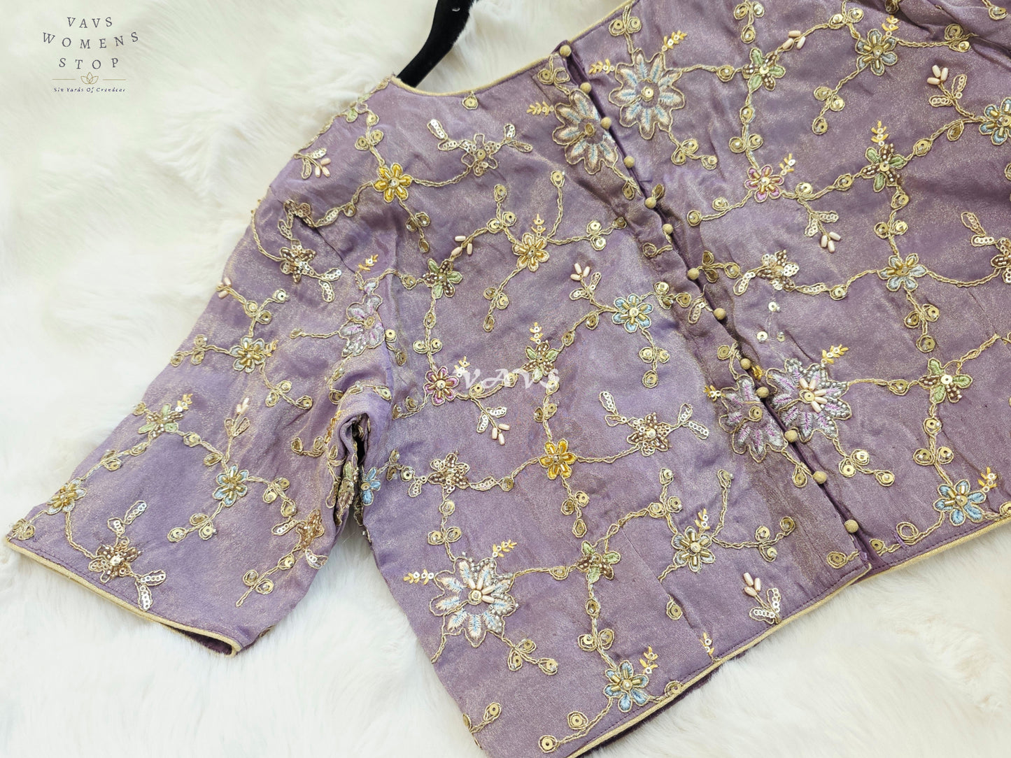 Royal Lavender Orchid Designer Tissue Embroidered Floral Blouse | Size 38-44