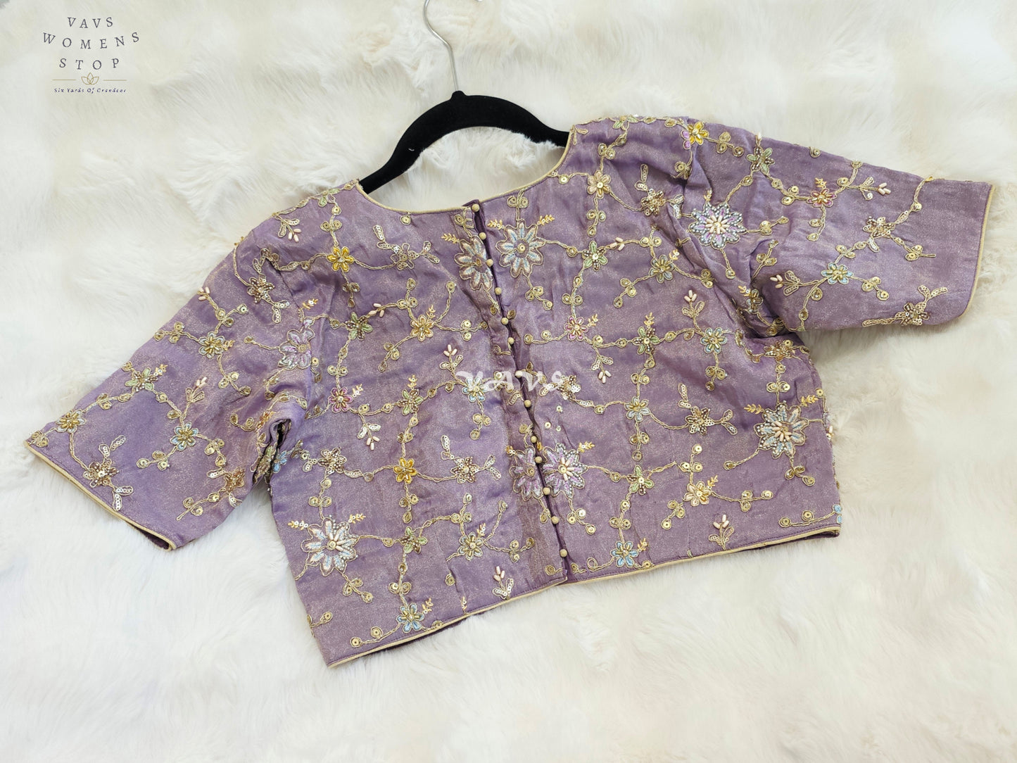 Royal Lavender Orchid Designer Tissue Embroidered Floral Blouse | Size 38-44