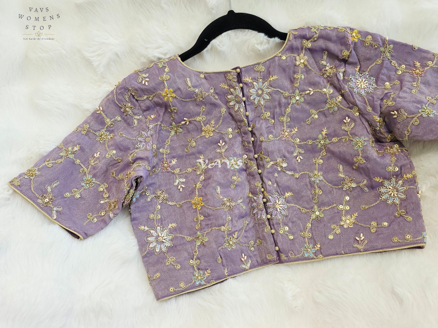 Royal Lavender Orchid Designer Tissue Embroidered Floral Blouse | Size 38-44