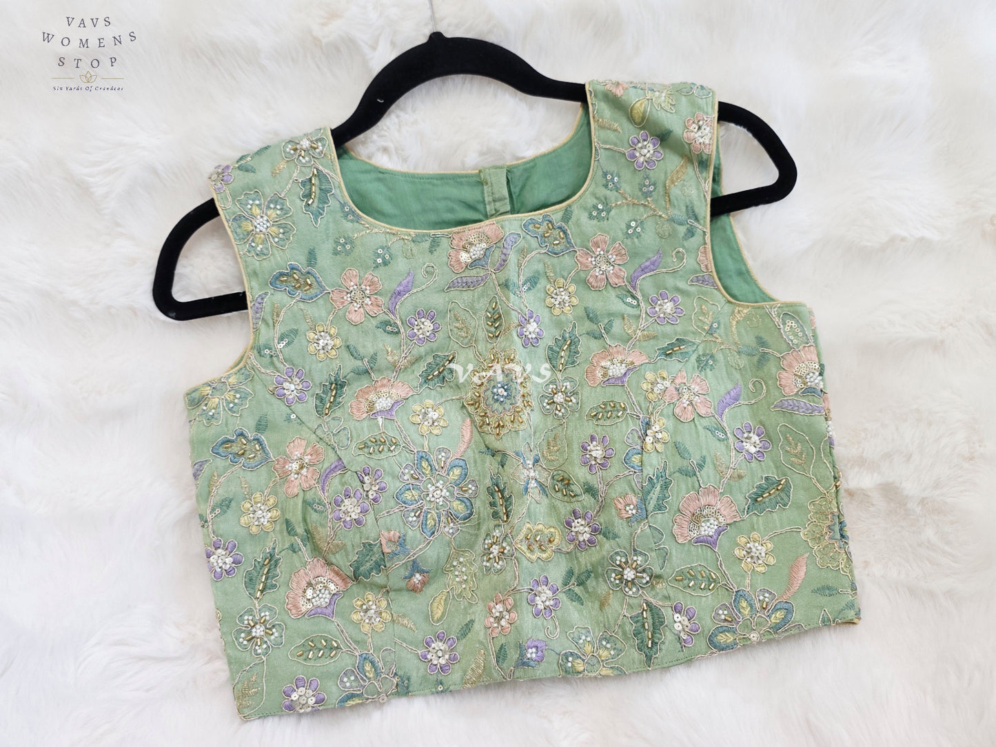 Royal Mint Sage Green Designer Tissue Floral Embroidered Sleeveless Blouse