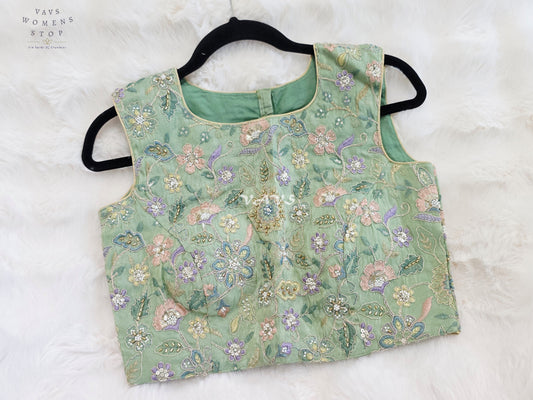 Royal Mint Sage Green Designer Tissue Floral Embroidered Sleeveless Blouse