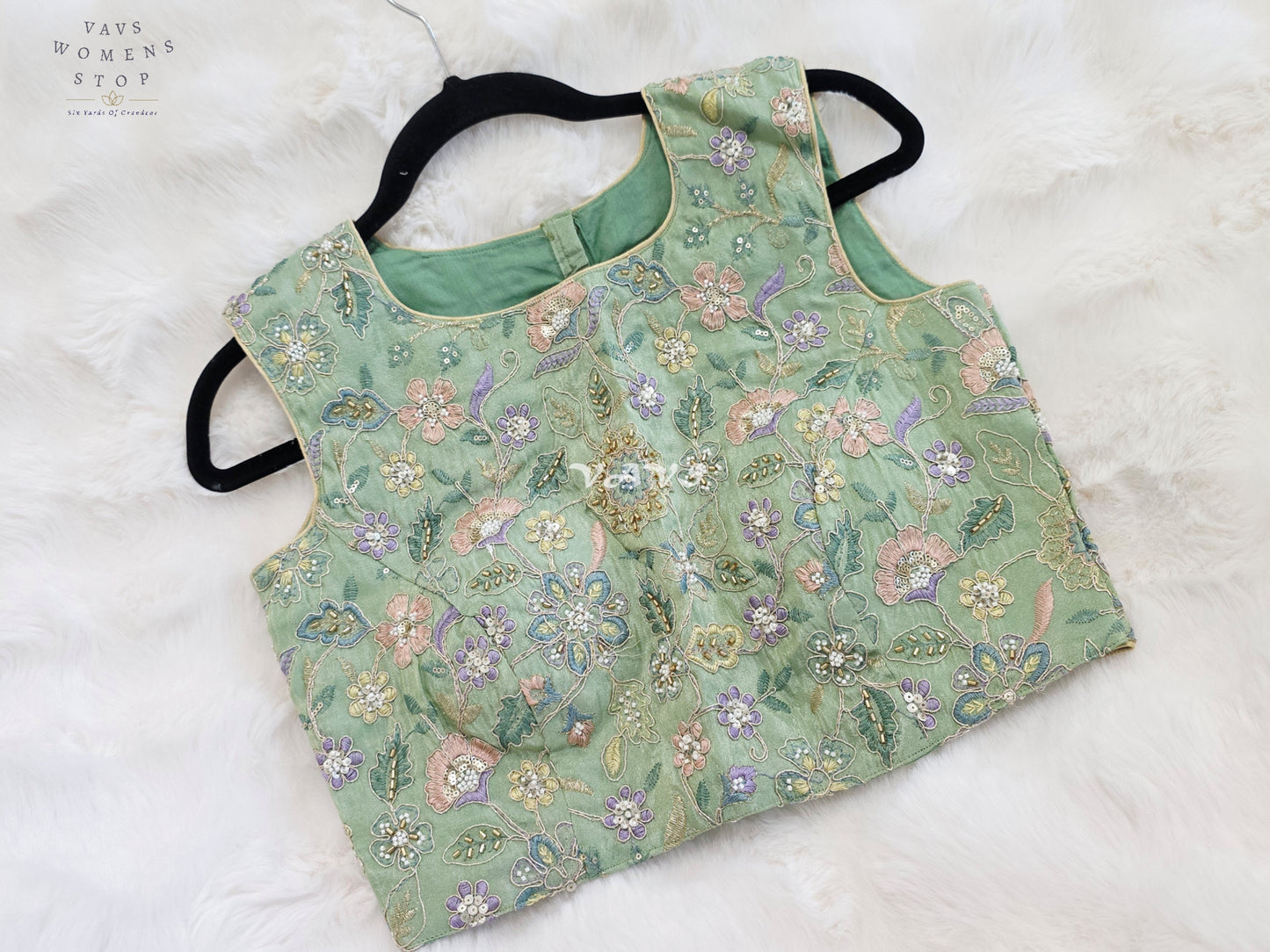 Royal Mint Sage Green Designer Tissue Floral Embroidered Sleeveless Blouse