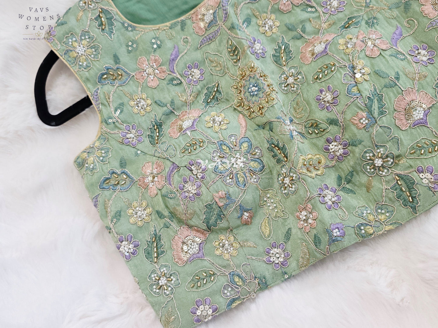 Royal Mint Sage Green Designer Tissue Floral Embroidered Sleeveless Blouse