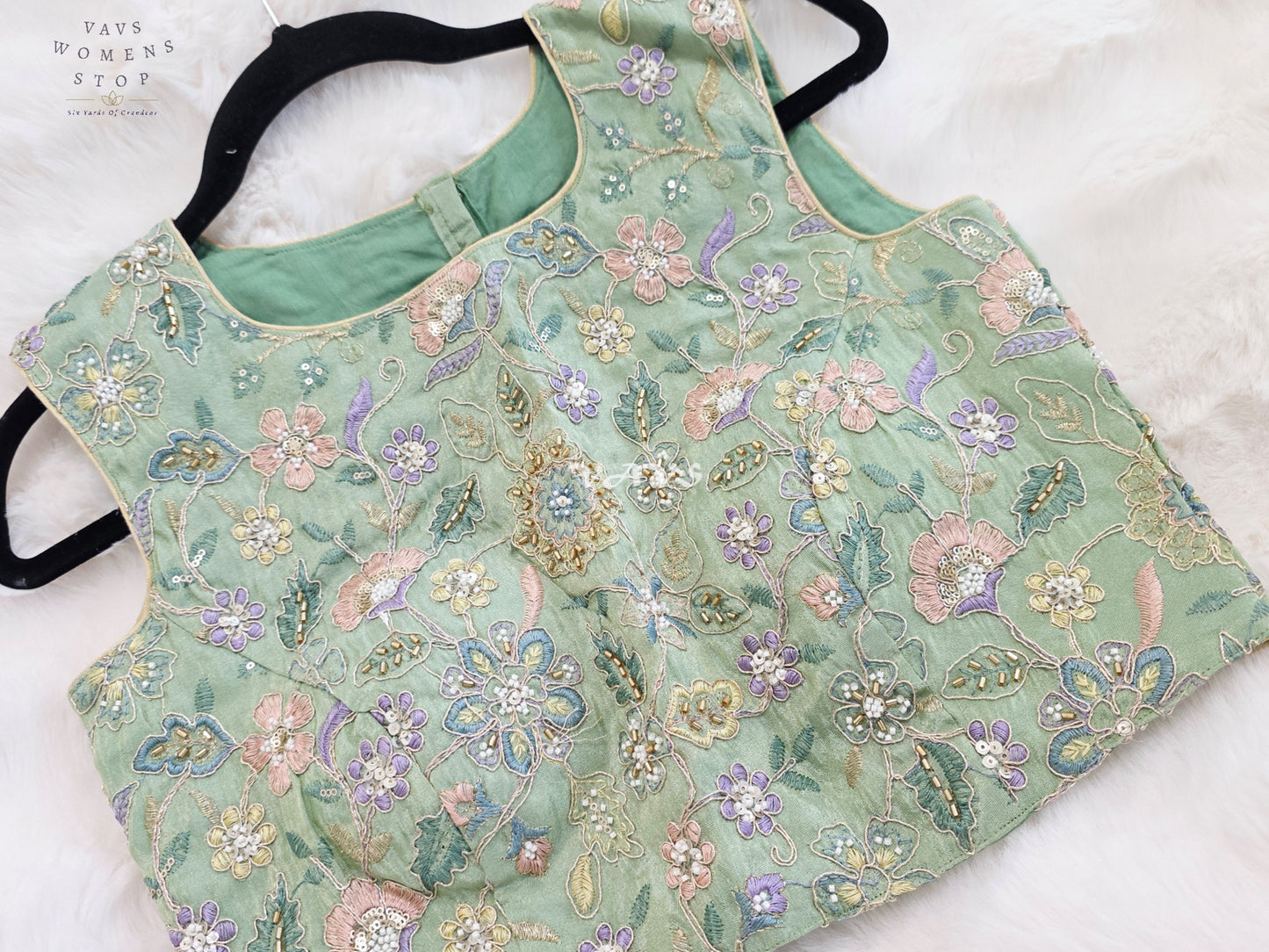 Royal Mint Sage Green Designer Tissue Floral Embroidered Sleeveless Blouse