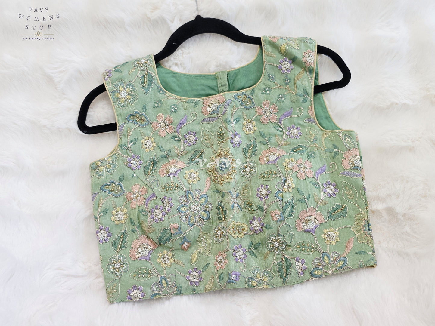 Royal Mint Sage Green Designer Tissue Floral Embroidered Sleeveless Blouse
