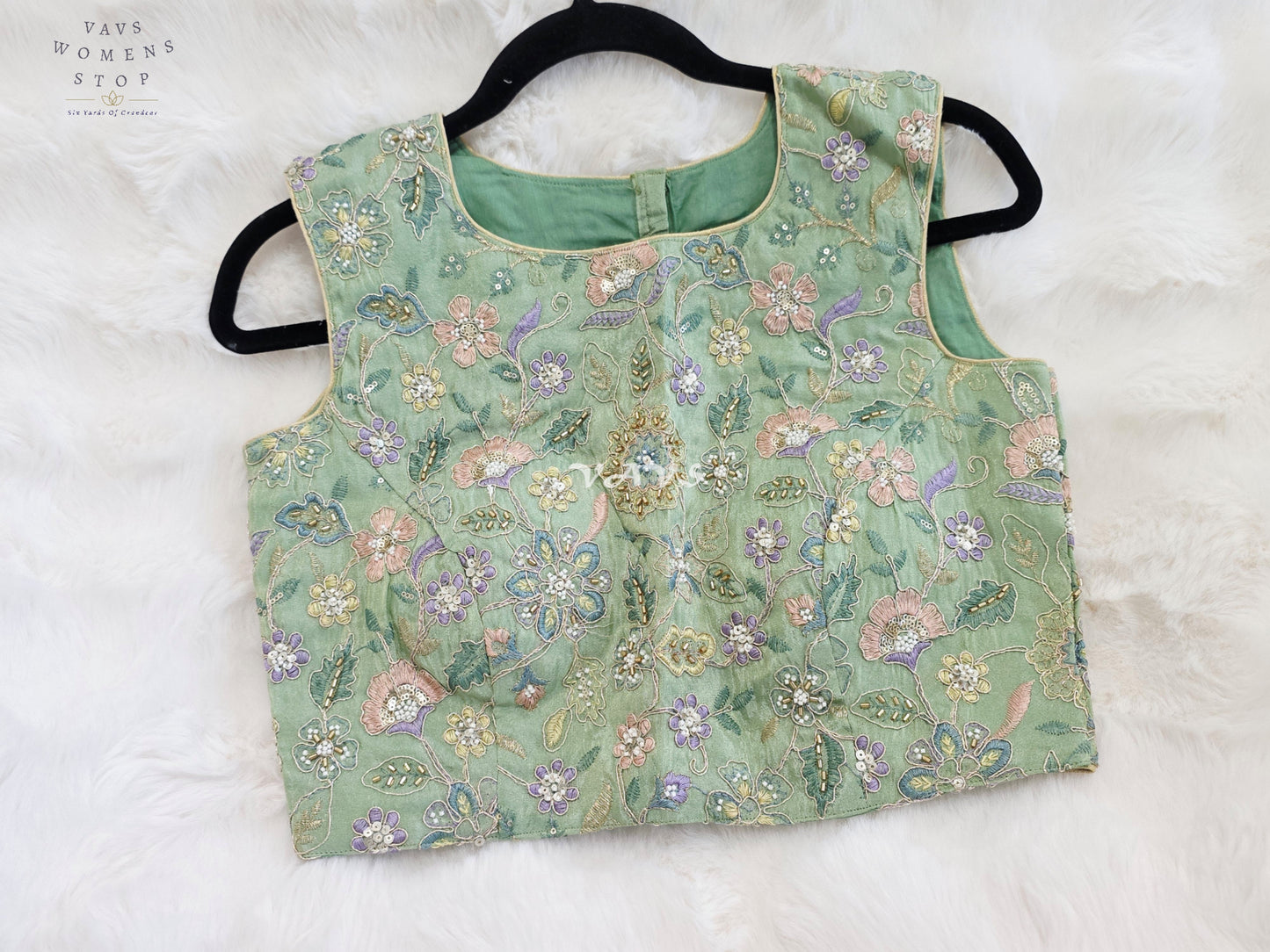 Royal Mint Sage Green Designer Tissue Floral Embroidered Sleeveless Blouse