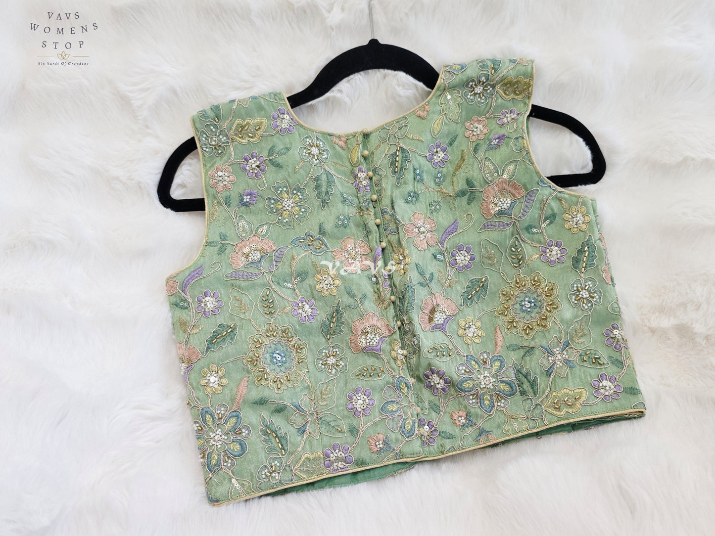 Royal Mint Sage Green Designer Tissue Floral Embroidered Sleeveless Blouse