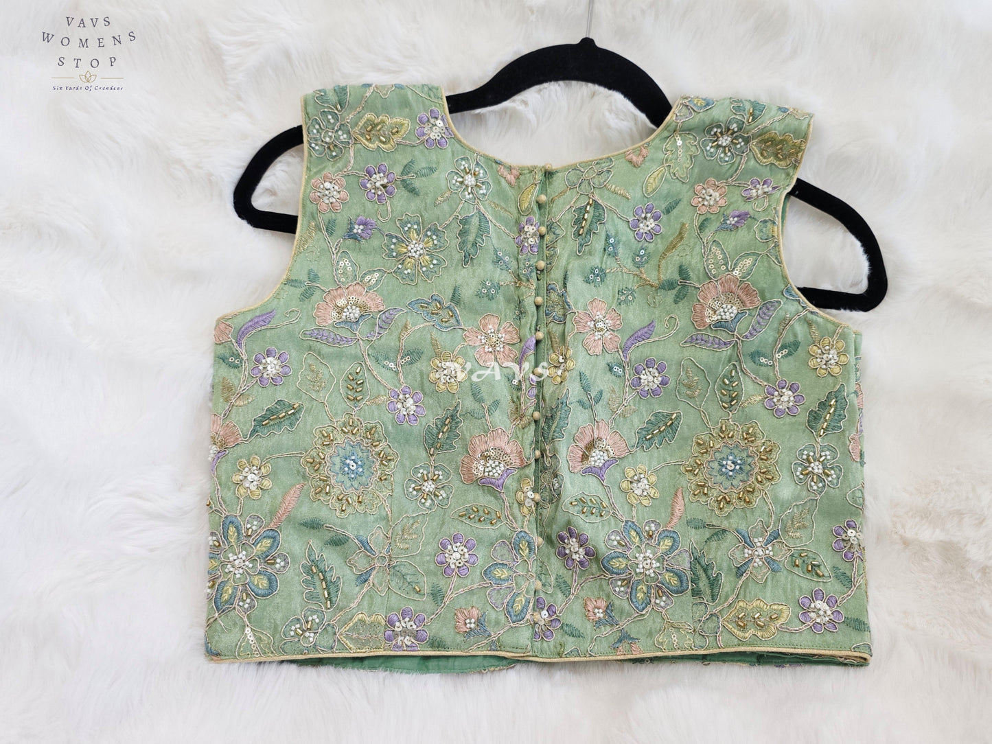 Royal Mint Sage Green Designer Tissue Floral Embroidered Sleeveless Blouse