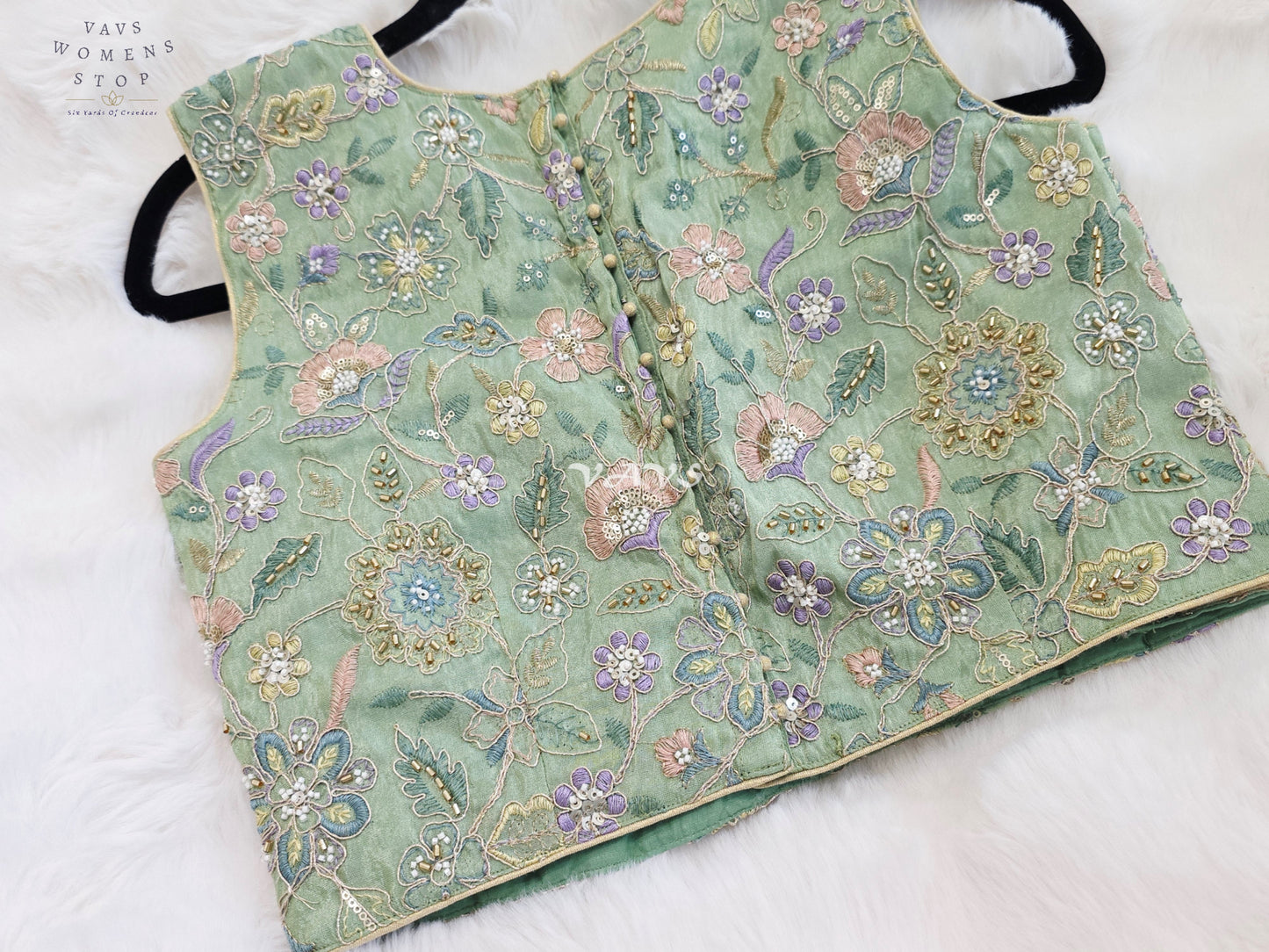 Royal Mint Sage Green Designer Tissue Floral Embroidered Sleeveless Blouse