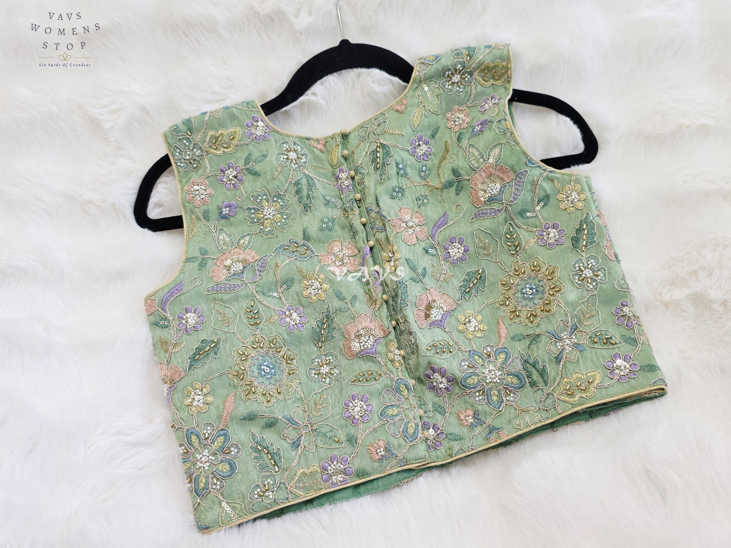Royal Mint Sage Green Designer Tissue Floral Embroidered Sleeveless Blouse