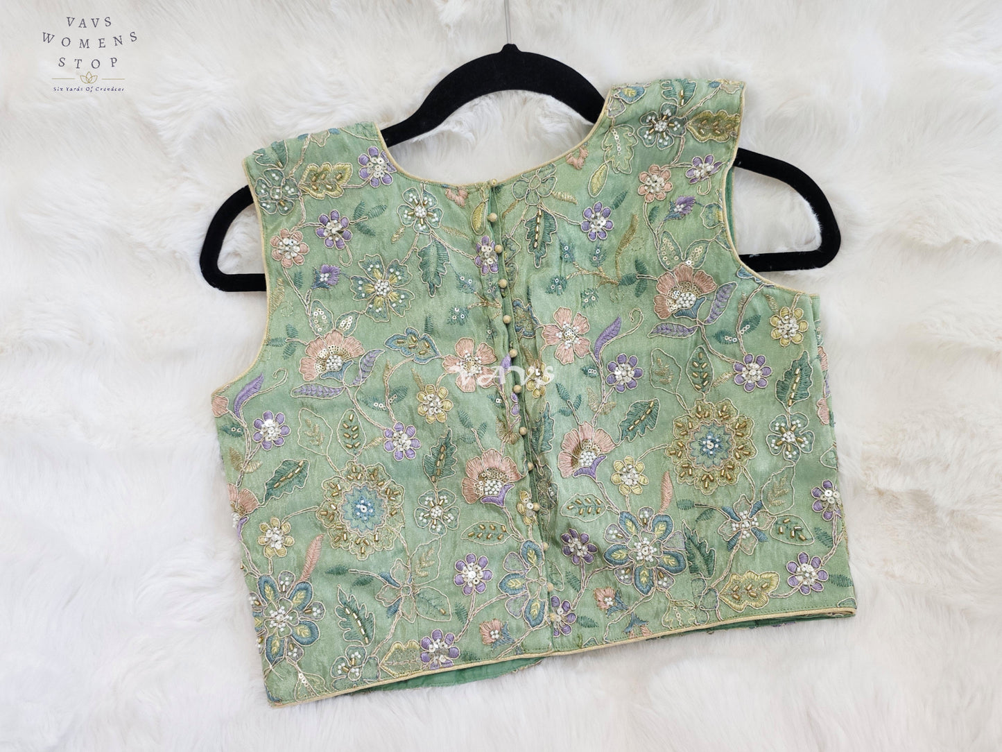 Royal Mint Sage Green Designer Tissue Floral Embroidered Sleeveless Blouse