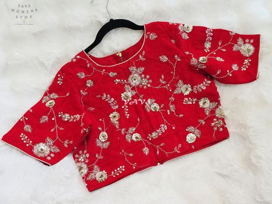 Royal Ruby Red Designer Chinon Silk Floral Sequins Embroidered Blouse
