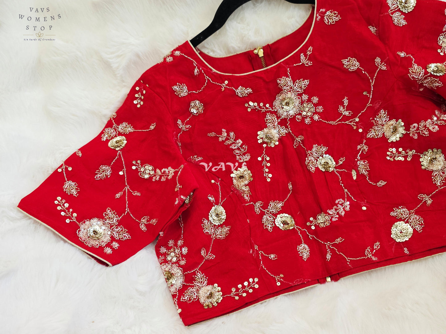 Royal Ruby Red Designer Chinon Silk Floral Sequins Embroidered Blouse