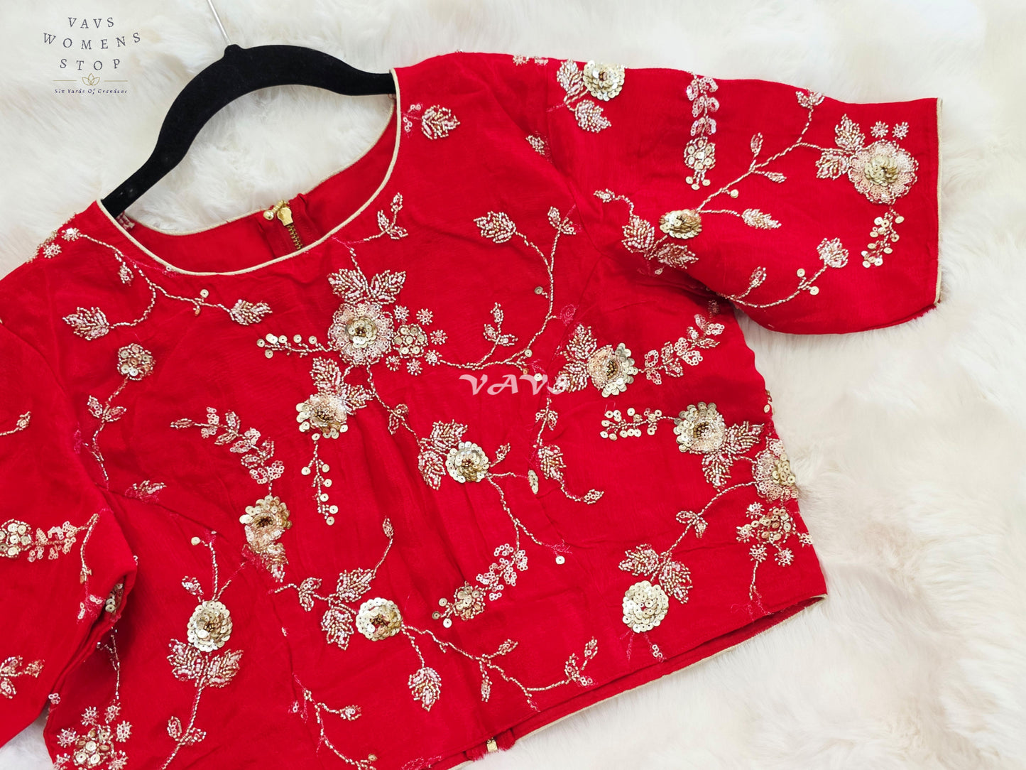Royal Ruby Red Designer Chinon Silk Floral Sequins Embroidered Blouse