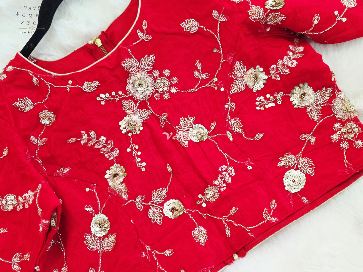 Royal Ruby Red Designer Chinon Silk Floral Sequins Embroidered Blouse