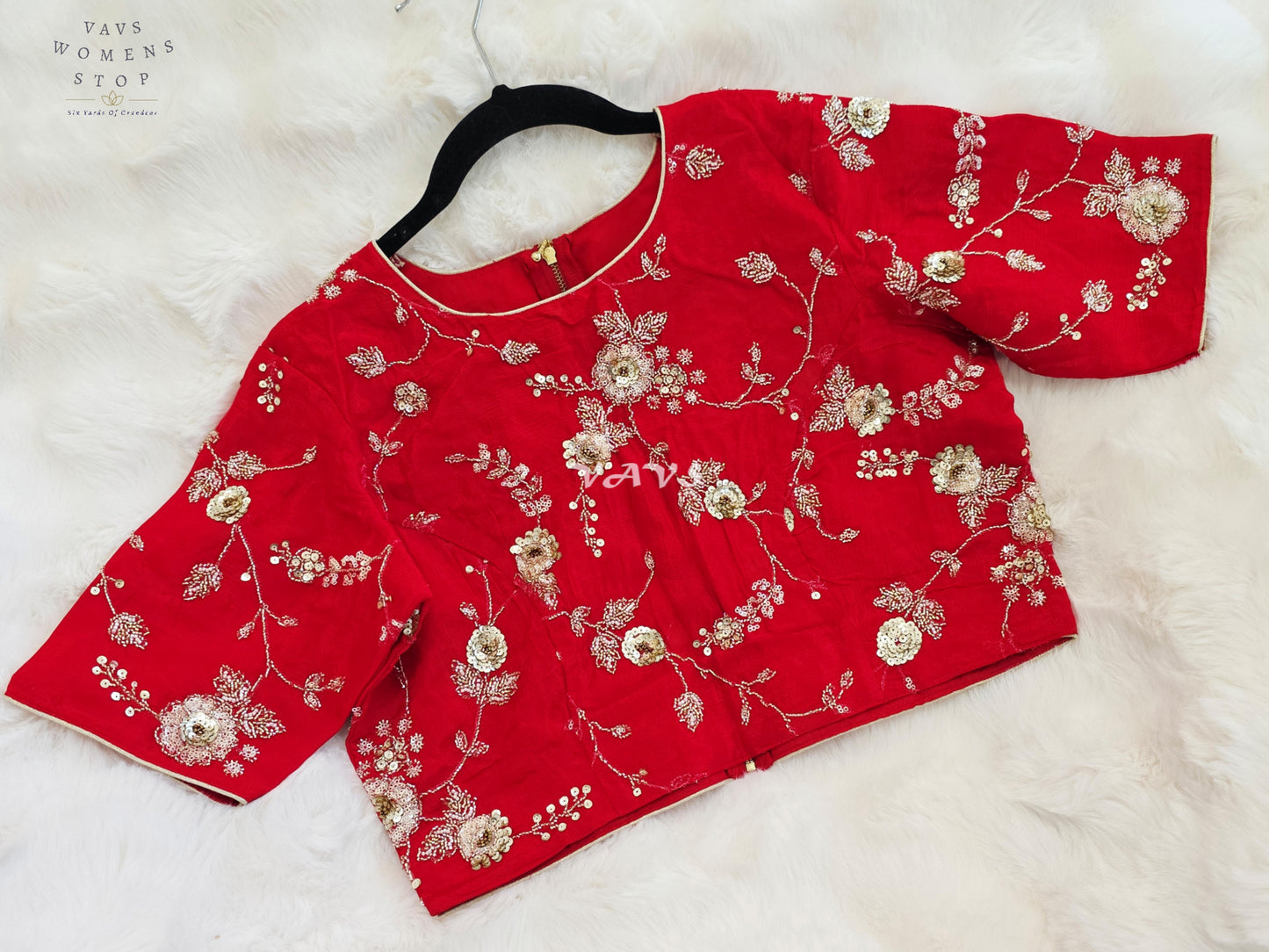 Royal Ruby Red Designer Chinon Silk Floral Sequins Embroidered Blouse