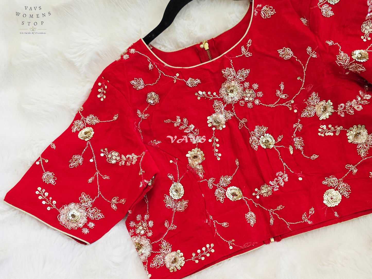 Royal Ruby Red Designer Chinon Silk Floral Sequins Embroidered Blouse