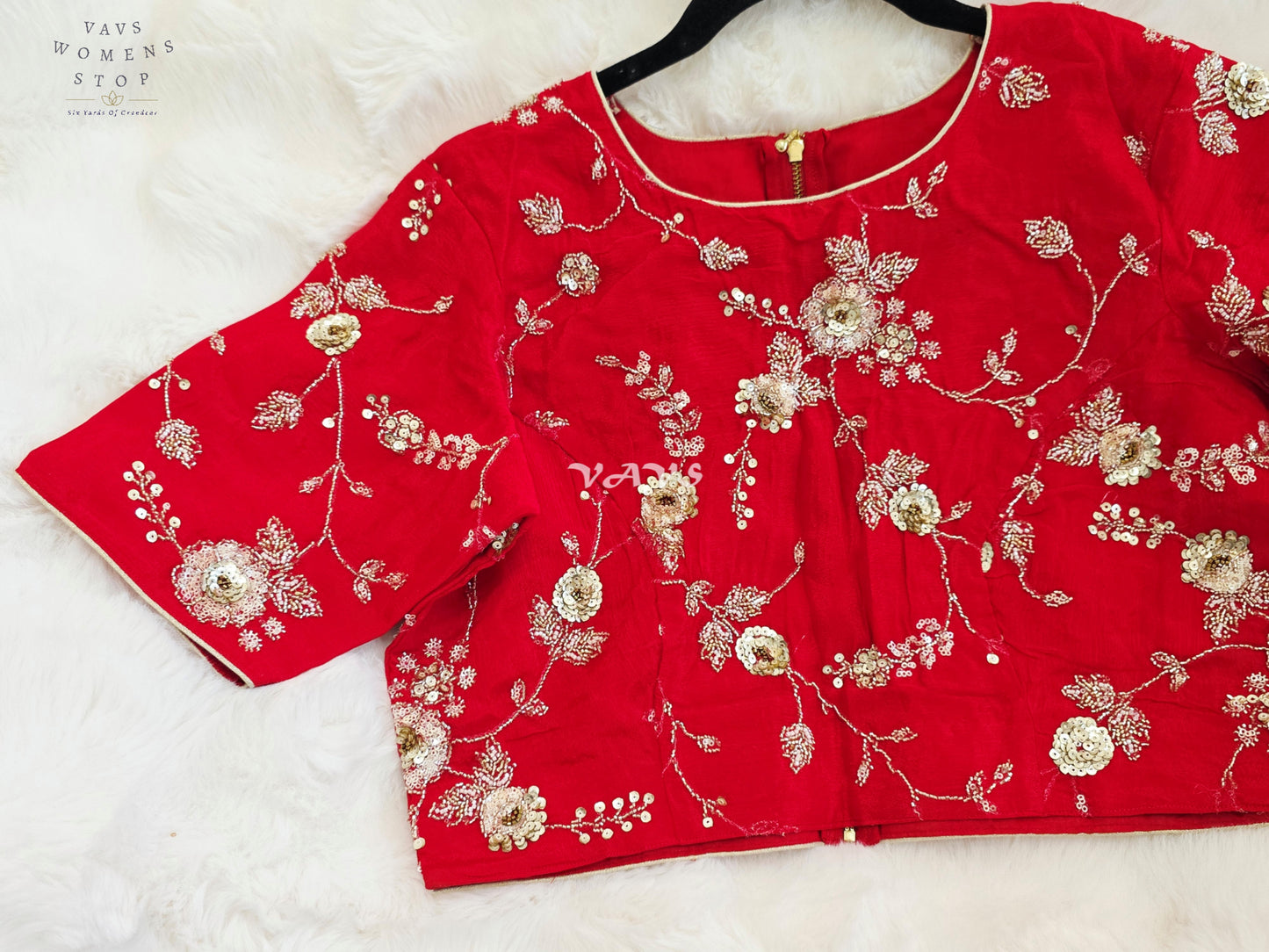 Royal Ruby Red Designer Chinon Silk Floral Sequins Embroidered Blouse