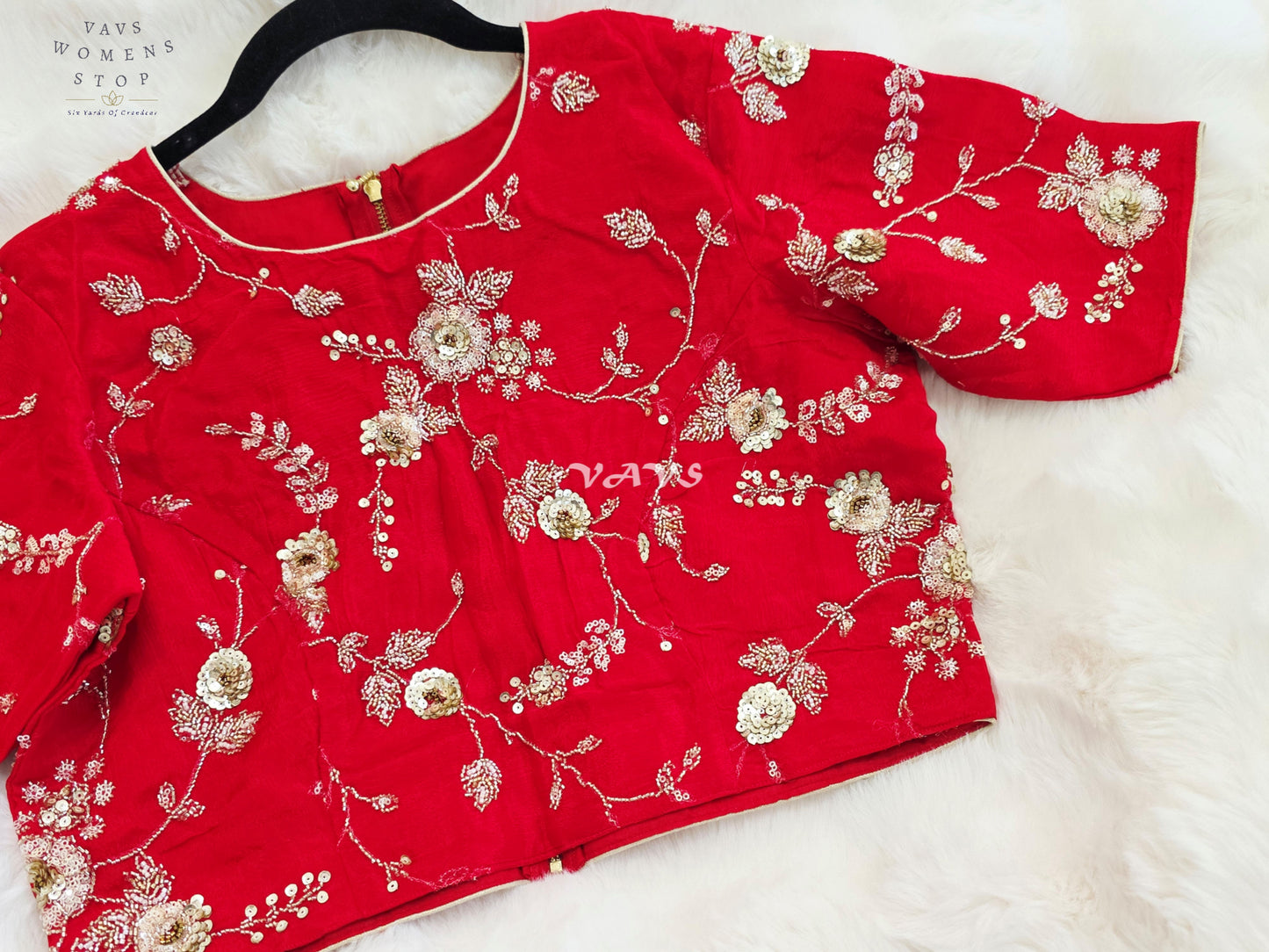 Royal Ruby Red Designer Chinon Silk Floral Sequins Embroidered Blouse