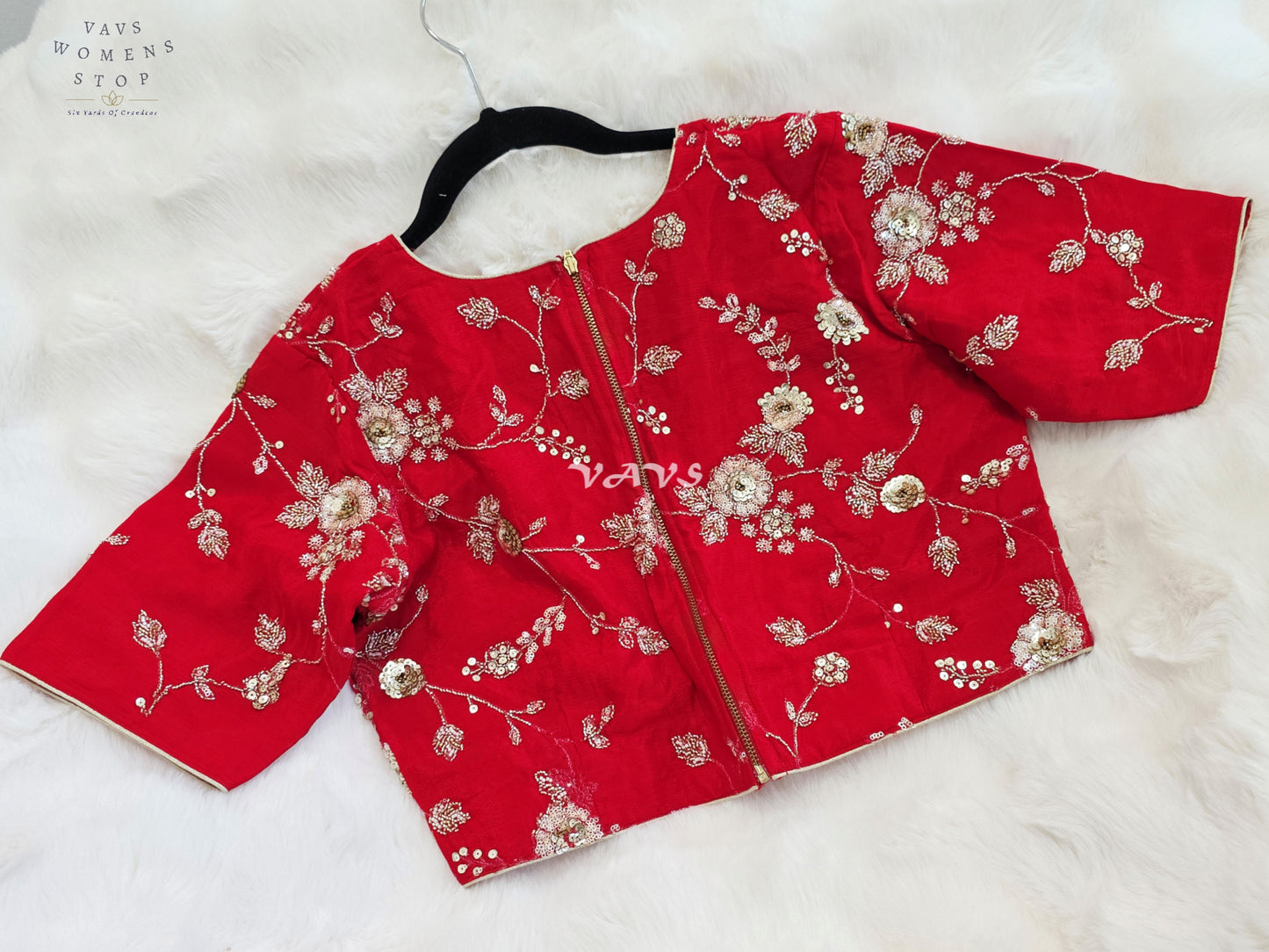 Royal Ruby Red Designer Chinon Silk Floral Sequins Embroidered Blouse