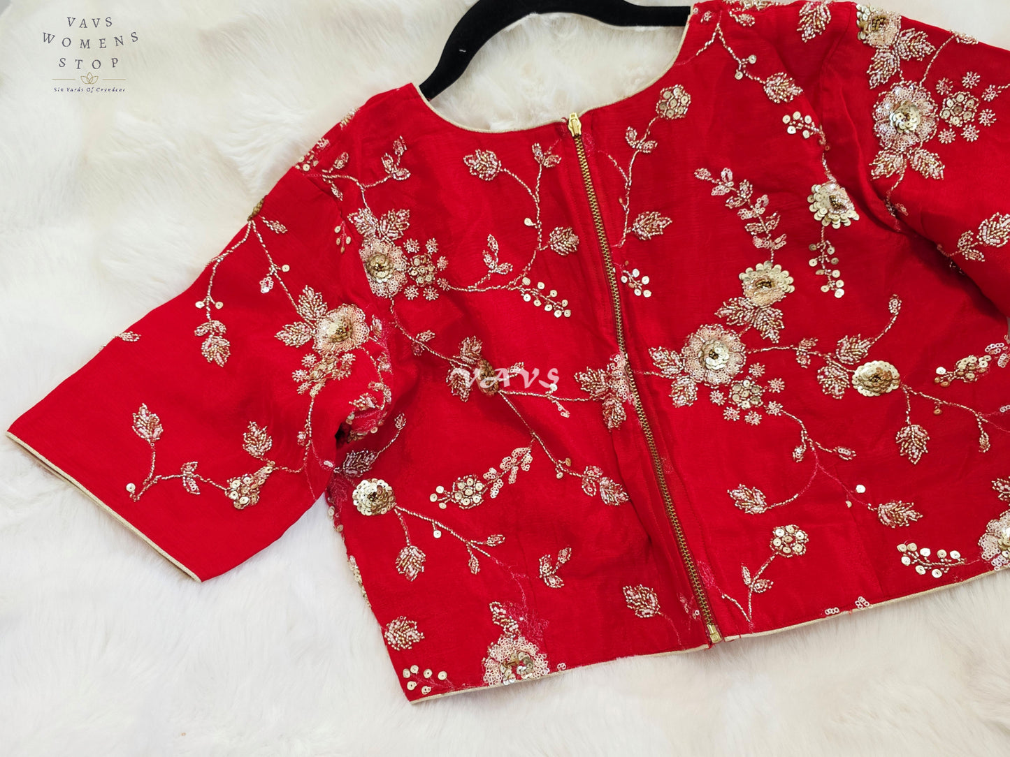 Royal Ruby Red Designer Chinon Silk Floral Sequins Embroidered Blouse