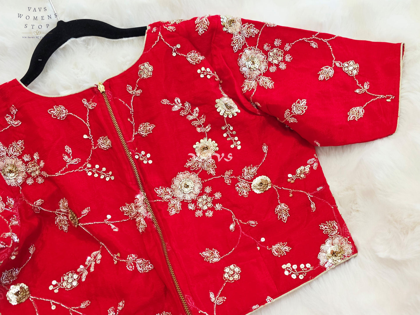 Royal Ruby Red Designer Chinon Silk Floral Sequins Embroidered Blouse