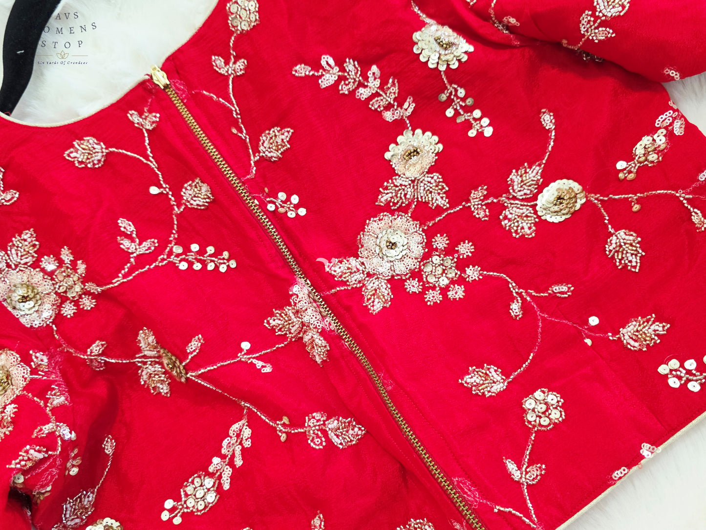 Royal Ruby Red Designer Chinon Silk Floral Sequins Embroidered Blouse