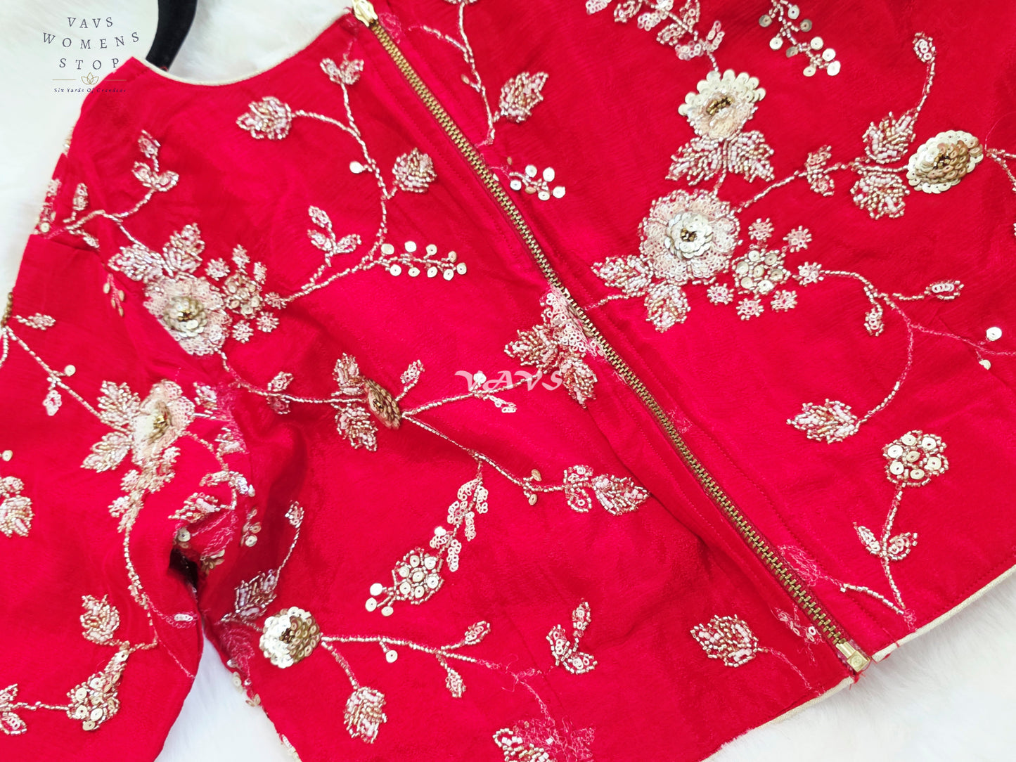 Royal Ruby Red Designer Chinon Silk Floral Sequins Embroidered Blouse