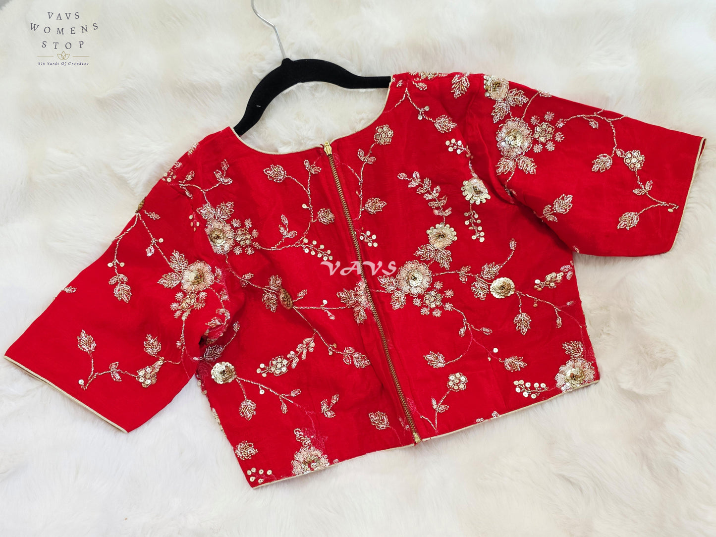 Royal Ruby Red Designer Chinon Silk Floral Sequins Embroidered Blouse