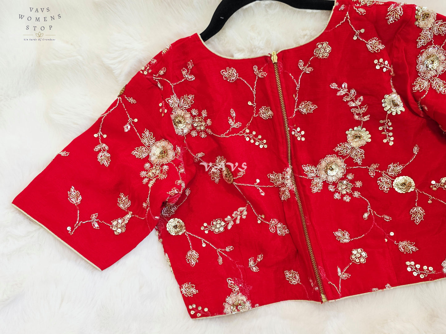 Royal Ruby Red Designer Chinon Silk Floral Sequins Embroidered Blouse