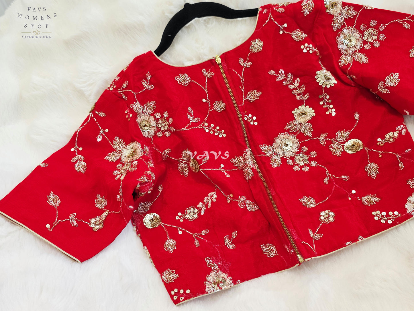Royal Ruby Red Designer Chinon Silk Floral Sequins Embroidered Blouse