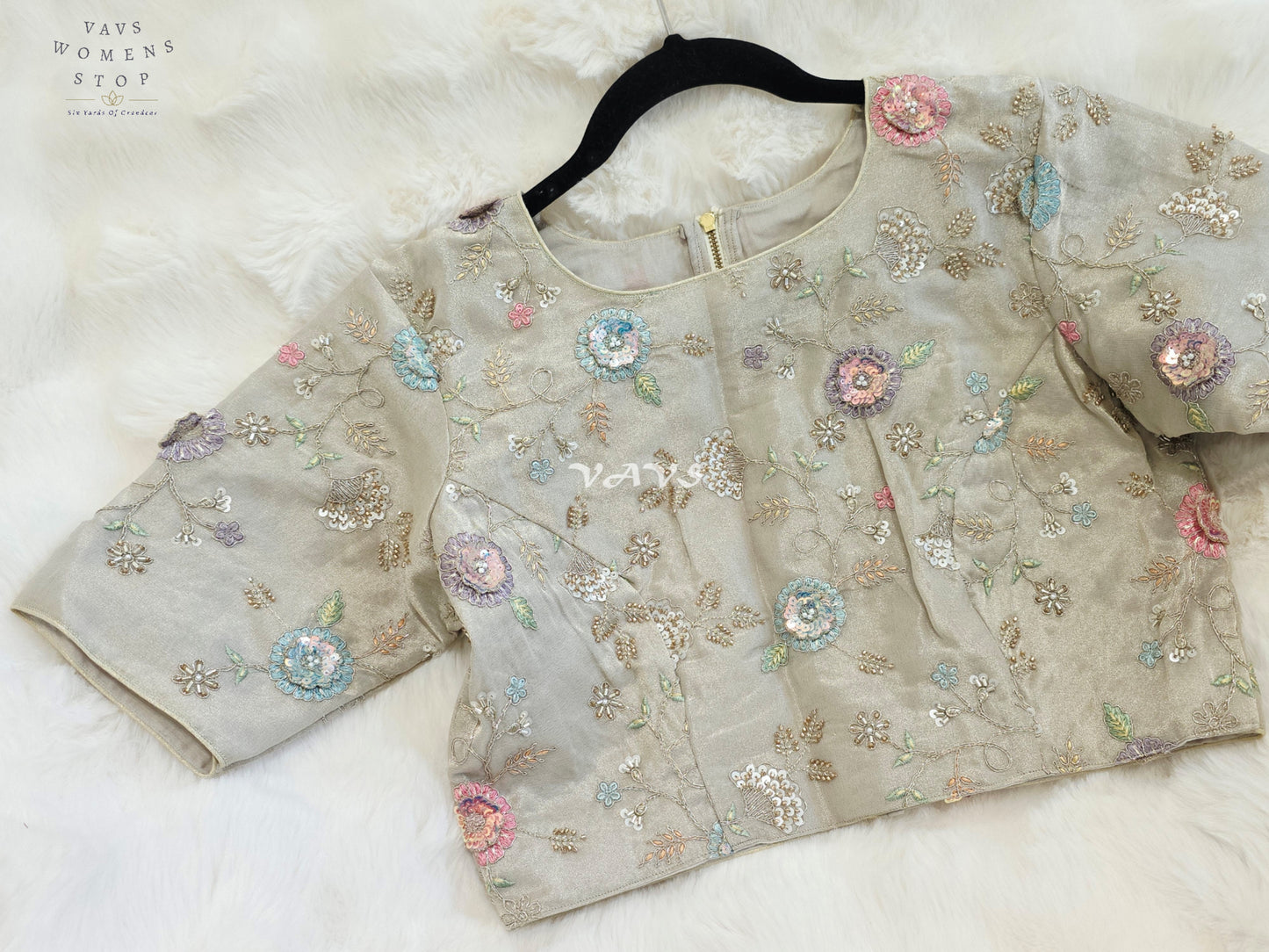 Royal Champagne Beige Designer Tissue Floral Embroidered Blouse