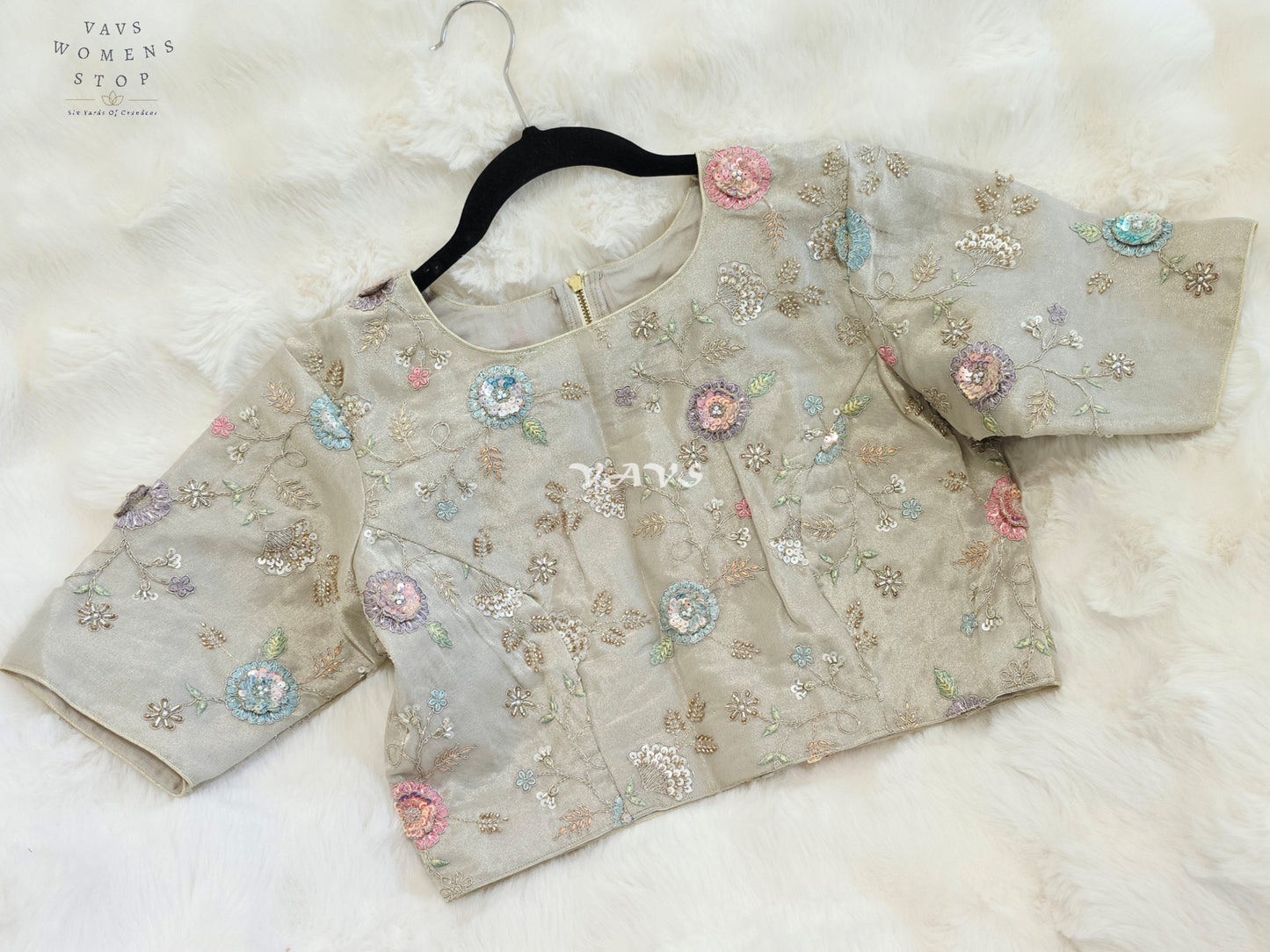 Royal Champagne Beige Designer Tissue Floral Embroidered Blouse